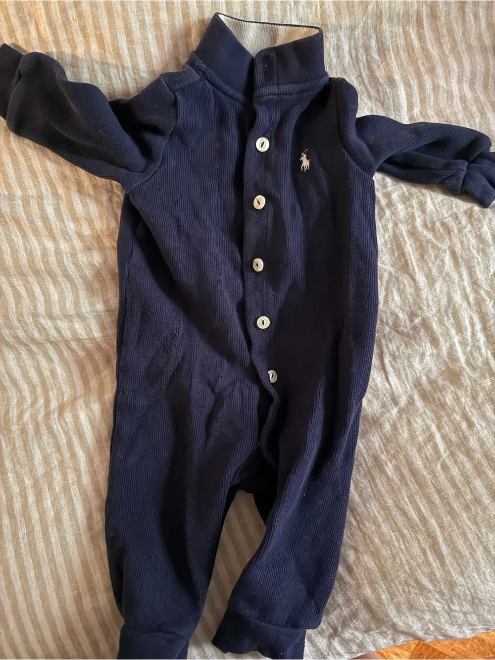 Ralph Lauren Navy Blue Long-Sleeve Baby One-Piece with Polo Logo